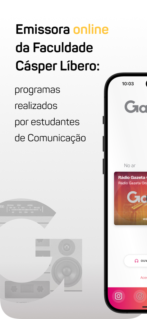 Gazeta Online - Tela do aplicativo Gazeta Online exibindo programas de rádio produzidos por estudantes de comunicação da Cásper Líbero.