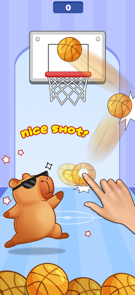 Capybara Relax Offline Games - A cool capybara wearing sunglasses playing a basketball mini-game with the text nice shot