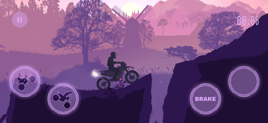 Gravity Trip - Un piloto de moto en silueta navegando por un terreno rocoso empinado en un bosque de montaña de tonos púrpuras con un molino de viento al fondo.