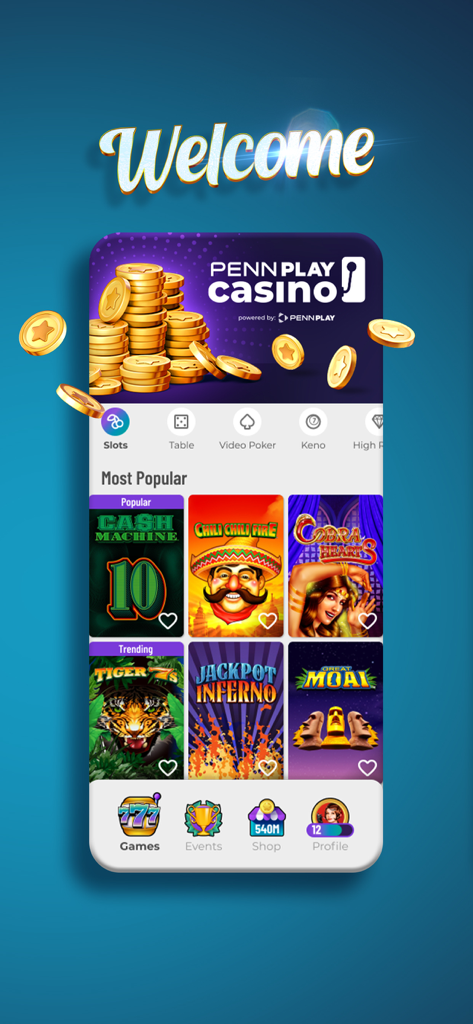 Interfaz de la aplicación móvil PENN Play Casino que muestra juegos de tragamonedas populares y un banner de bienvenida con monedas de oro