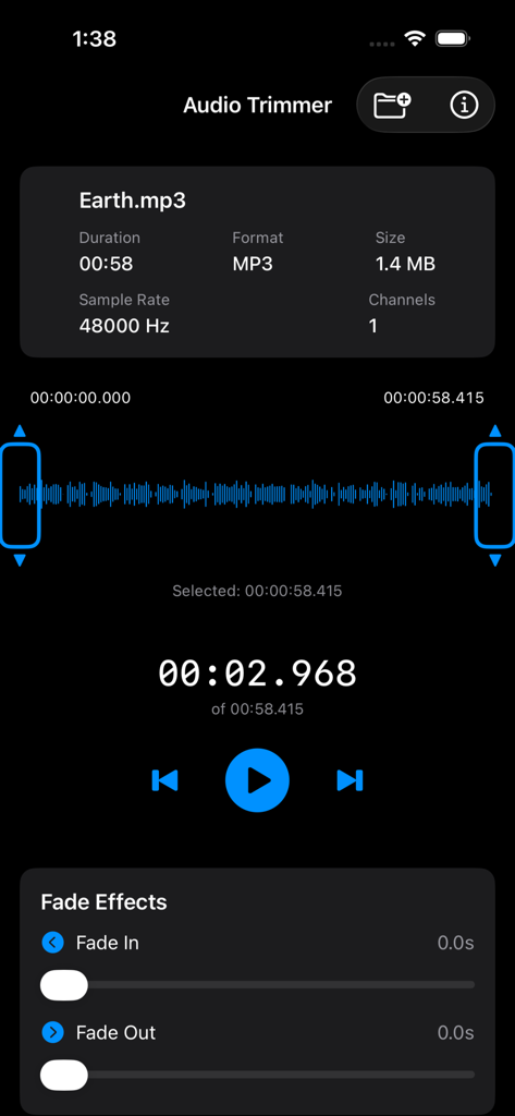 Audio Trimmer Plus - Audio Trimmer Plus app interface showing waveform editing and fade effects