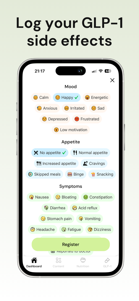 Gala GLP-1 Tracker - Interface of the Gala app showing options to log GLP-1 side effects including mood appetite and physical symptoms