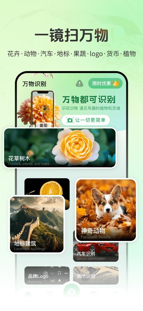 花卉识别图鉴-拍照识花，识花，认花，轻松辨别花卉品种 - KI-Scanner-App-Bildschirm zur Identifizierung von Blumen, Tieren, Autos und Sehenswürdigkeiten