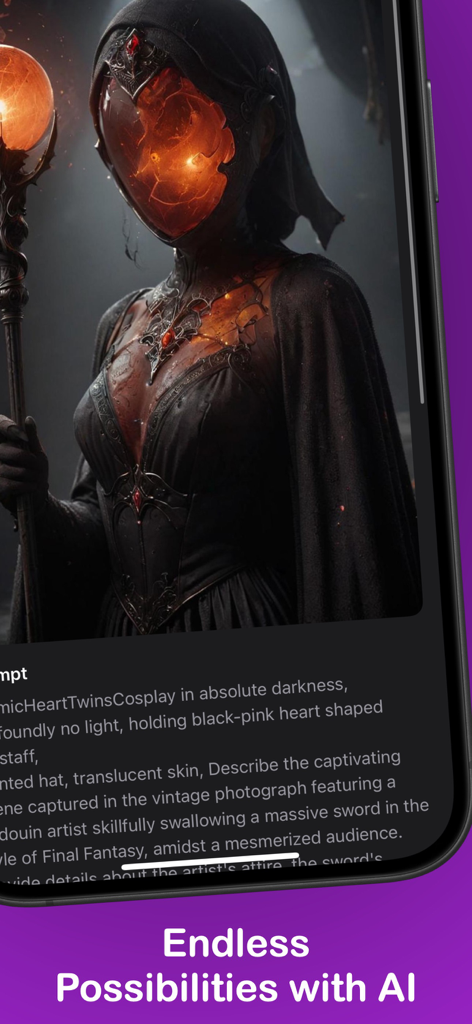 Aivi: Ai Art & Photo Generator - A mystical AI-generated dark fantasy character with a glowing orange face and staff.