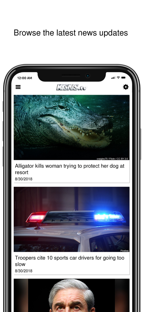 KGNS News - KGNS News app screen showing a feed of the latest local news headlines with images on a smartphone