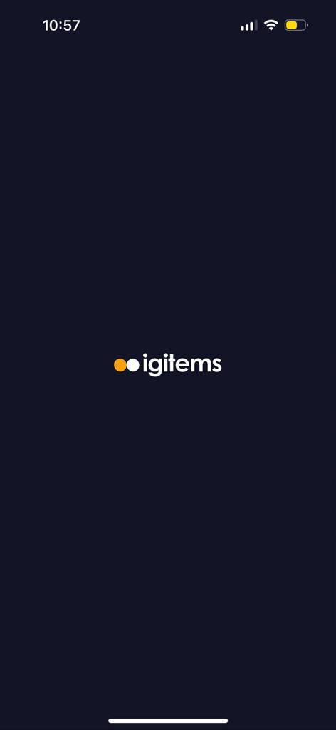 Tela de introdução do aplicativo igitems com o logotipo da empresa em um fundo escuro