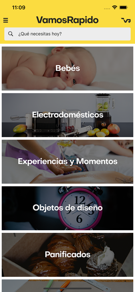 Interface of the Vamos Rapido app showing shopping categories like babies, appliances, and bakery in Spanish.
