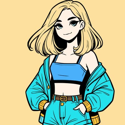 a realistic girl with a crop top and short shorts in an open jacket