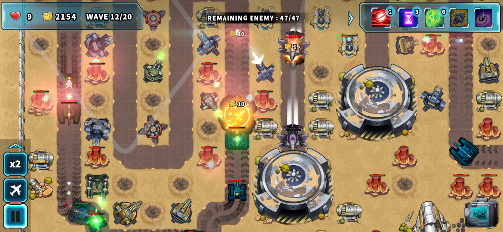 Tower Defense Rush - Top-down view of Tower Defense Rush gameplay showing sci-fi turrets defending a space base from tanks and aircraft waves