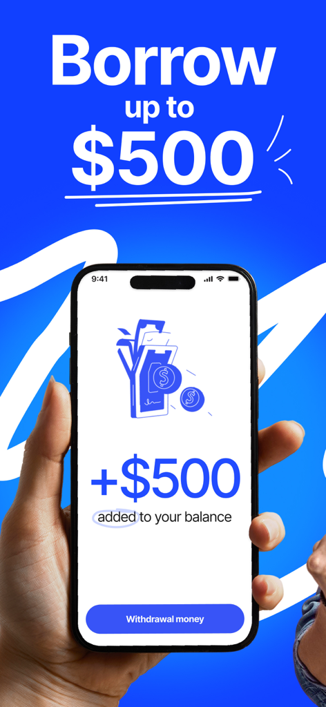 Borrow Money – Fast Loans App - A smartphone screen displaying a 500 dollar loan added to the balance with a withdrawal button