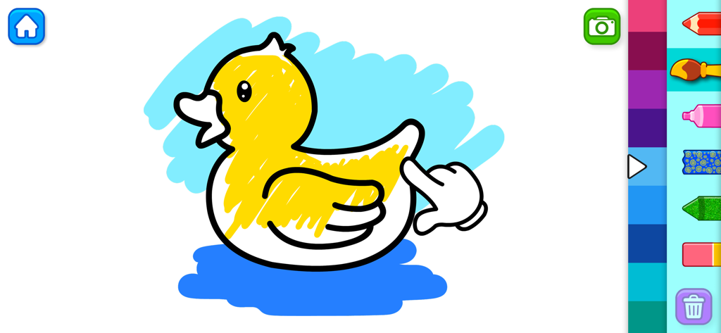 Kids Drawing & Coloring Game - Un enfant colorie un canard en caoutchouc jaune sur une tablette de dessin numérique dans une application éducative pour tout-petits.