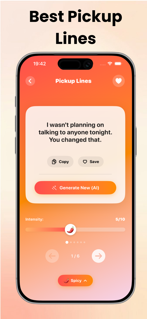 Rizz AI - Texting Wingman - Rizz AI mobile app screen showing a generated pickup line and a message intensity slider.
