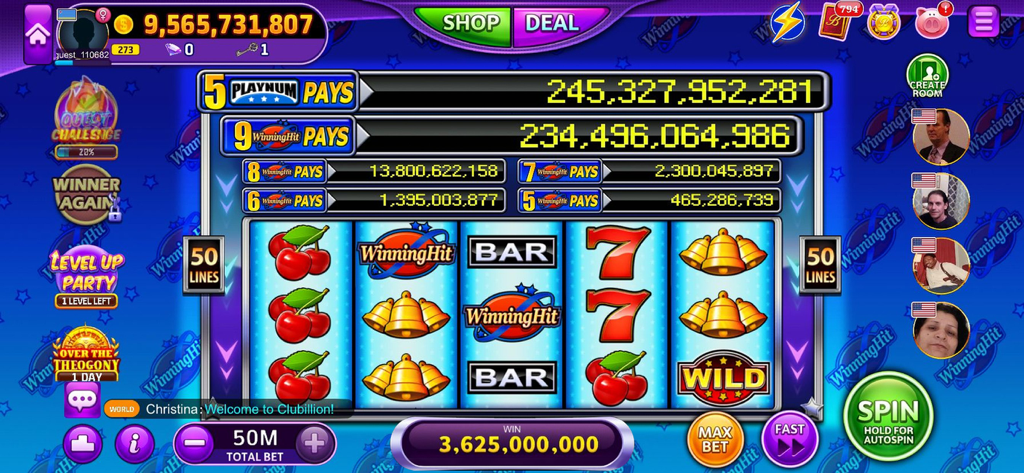 Clubillion: Vegas Casino Slots - Una interfaz de máquina tragamonedas social en Clubillion Vegas Casino Slots que muestra símbolos clásicos y funciones sociales