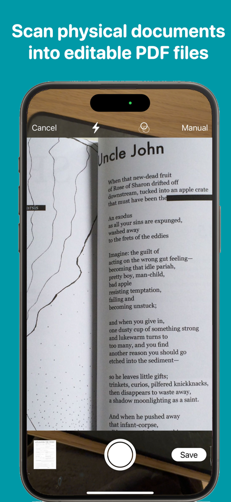 Poetry - Poems - Interfaz de la aplicación Poetry escaneando un poema impreso en un archivo PDF editable.