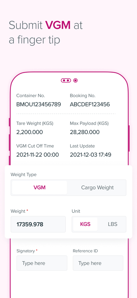 Mobile app screen for submitting Verified Gross Mass or VGM details for container shipping
