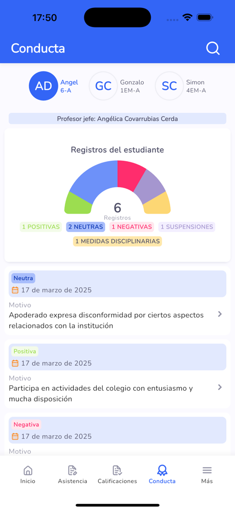SchoolNet - Pantalla de la aplicación móvil SchoolNet que muestra los registros de conducta del estudiante con un medidor de resumen y entradas de comportamiento específicas