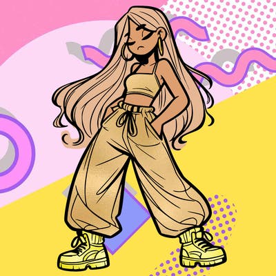 girl in baggy pants crop top and long hair