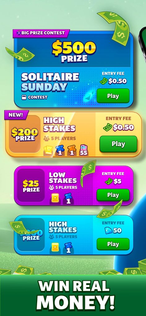Solitaire - Win Cash - Interface do aplicativo mobile Solitaire Win Cash mostrando vários modos de torneio com prêmios em dinheiro e taxas de entrada