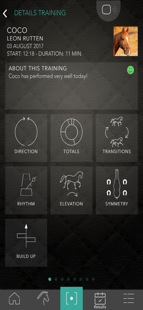 Equestic SaddleClip app training details screen showing performance metrics for a horse named Coco including rhythm symmetry and elevation