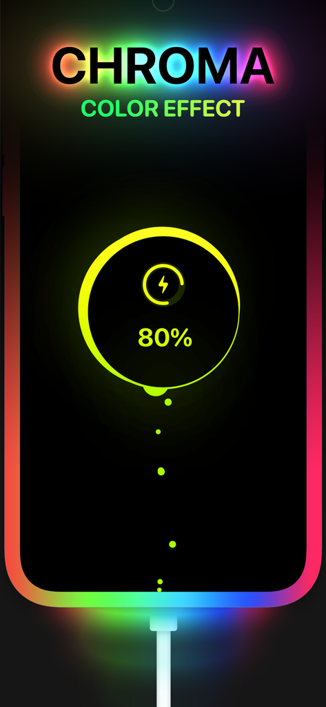 Charger - Charging Play - iPhone screen showing a neon RGB chroma charging animation with 80 percent battery level