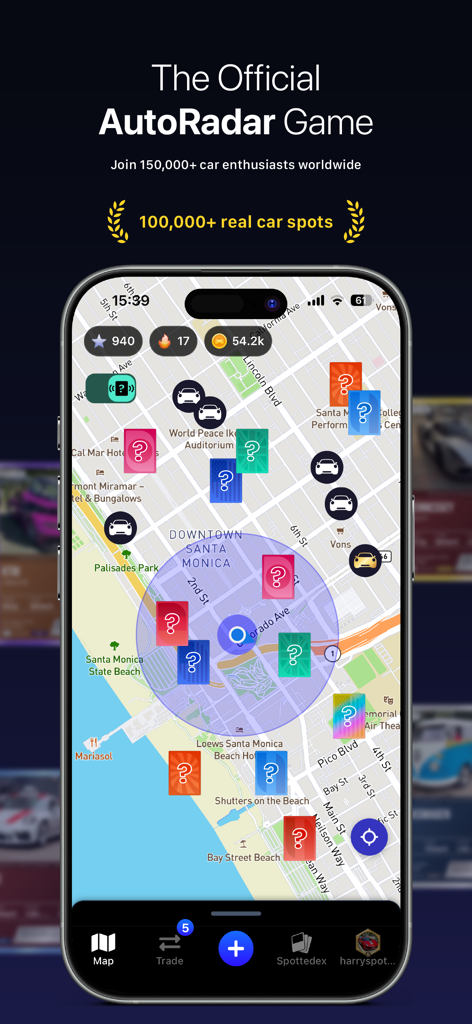 AutoRadar app gameplay screen displaying a carspotting map with collectible car icons in a city.