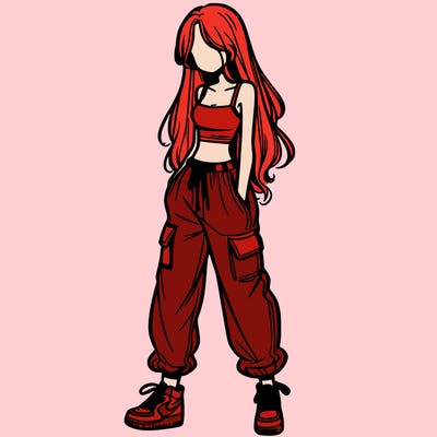girl in baggy pants crop top and long hair