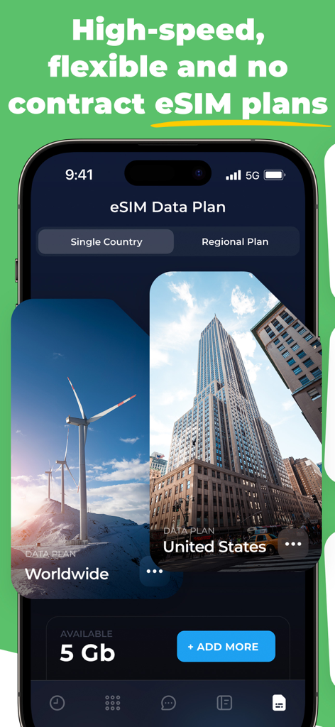 OnPhone - Second Phone Number - OnPhoneアプリ画面に、米国および世界向けの柔軟な契約なしeSIMデータプランが表示されている