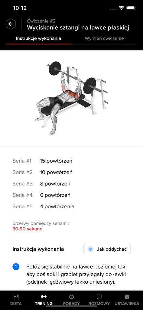 Un écran de l'application de fitness PoTreningu montrant un exercice de développé couché avec barre avec des séries et des répétitions détaillées.