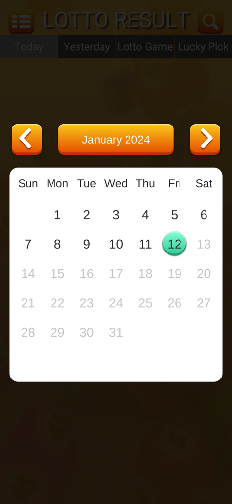 Pinoy Lotto Draw - Calendar view for searching past Philippine lottery results in the Pinoy Lotto Draw app