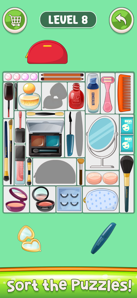 Little Organizer: Find & Sort - Um nível de jogo mobile onde itens de maquiagem são organizados de forma ordenada em um quebra-cabeça de grade