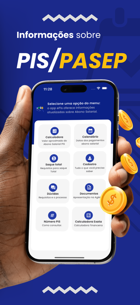 Smartphone screen showing the ePIS app menu with options for PIS and PASEP benefit information and calculators.
