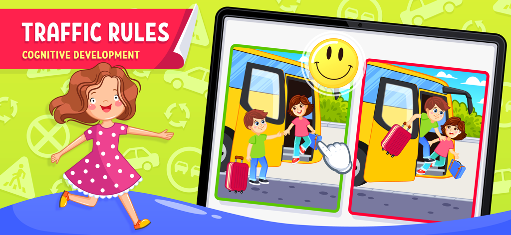 Brainy Kids app teaching traffic rules and safety through a bus boarding game