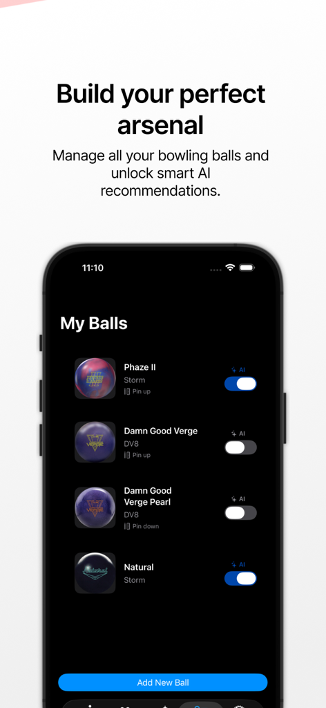 AI Bowling - A smartphone screen showing the AI Bowling app's My Balls section where users manage their bowling ball collection and enable AI recommendations.