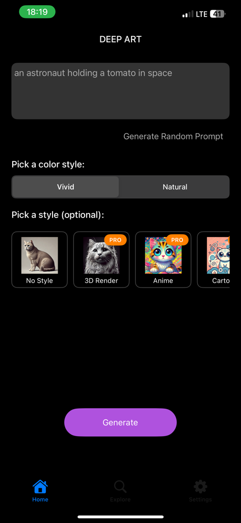 DeepArt - Generate Ai Photos - Interfaz de la aplicación DeepArt mostrando una entrada de texto para un astronauta sosteniendo un tomate y botones de selección de estilo artístico