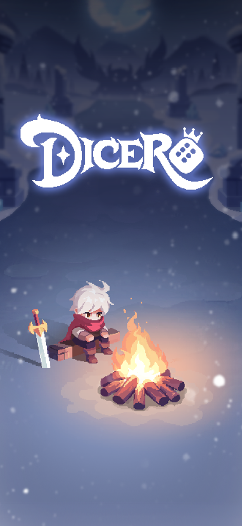 Dicero! - Diceroゲームのロゴの下、雪景色の中で、ピクセルアートのヒーローが光るキャンプファイヤーのそばに座っている
