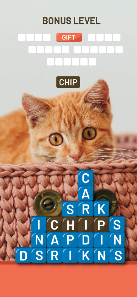 Word Tower: Relaxing Word Game - Word Tower game bonus level featuring a cute ginger kitten and word search puzzle tiles