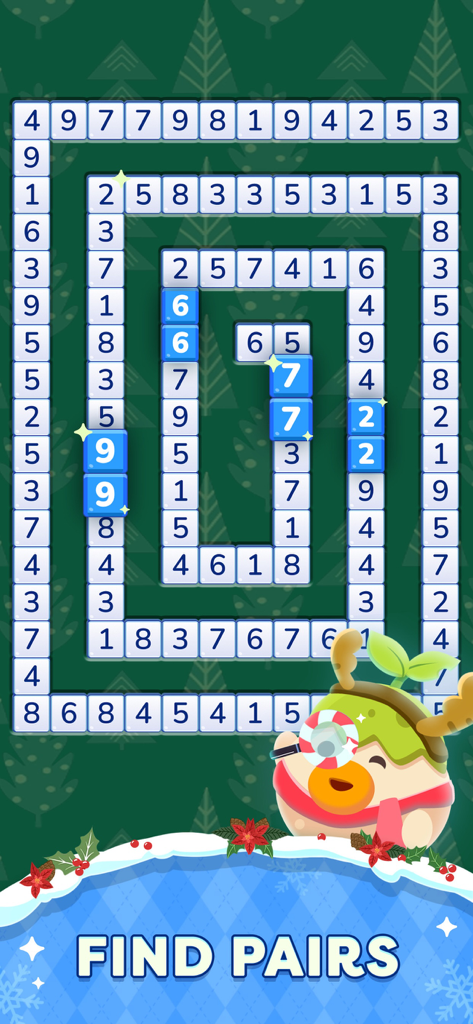 A spiral number grid in NumMatch logic puzzle game showing matched pairs and a character with a magnifying glass.