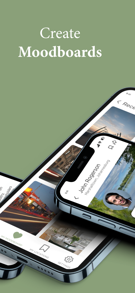 Oberfläche der Filmset-App, die zeigt, wie Benutzer Moodboards mit kuratierten Fotos von Film-Locations erstellen können