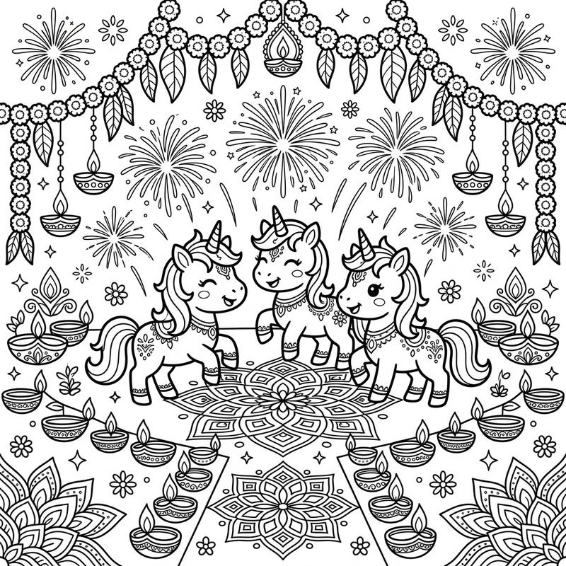 Join three adorable baby unicorns as they celebrate the vibrant Festival of Lights with this delightful Diwali coloring page. Bursting with fireworks, sparkling diyas, and intricate rangoli, it's perfect for a magical coloring session.