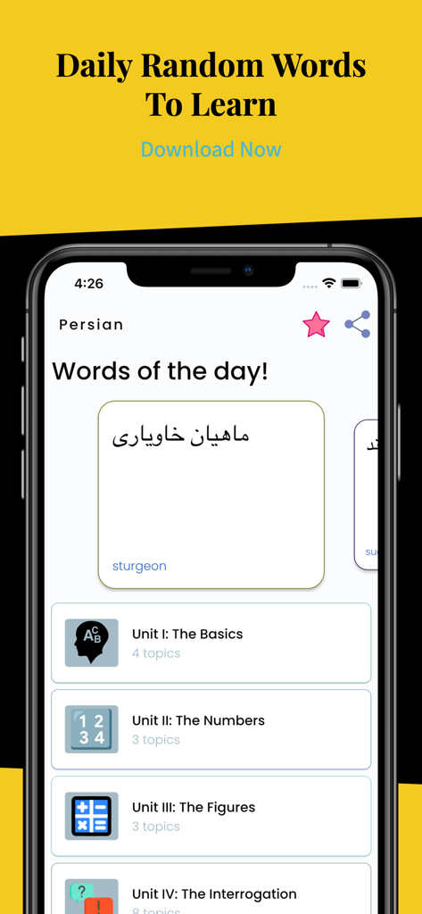 Learn Persian Language Easily - Mobile app interface for learning Persian showing a daily word of the day card and a list of lesson units for beginners