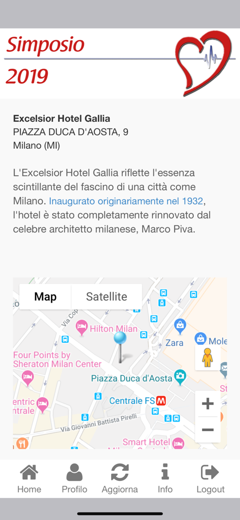 Deep ECM app interface displaying symposium event location details and a map of Milan