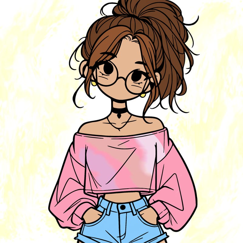 girl with a messy ponytail glasses a baggy crop top and jean shorts