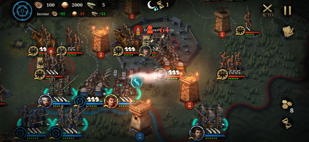 Great Conqueror 2: Shogun - A turn-based strategy battle in Great Conqueror 2 Shogun featuring samurai cavalry and infantry units near a fortified tower during a siege.