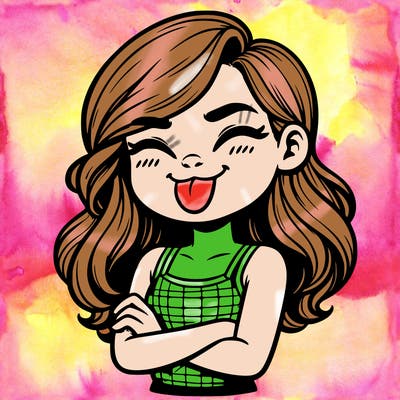 realistic girl crossing her arms and wearing a tank top with her tongue held out she has long hair