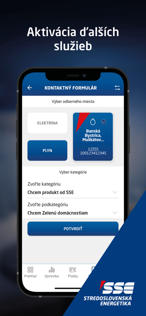 eZóna SSE app contact form for activating electricity and gas services