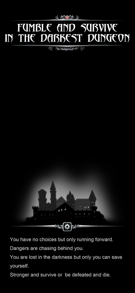 Dungeon Survivor - Dark fantasy castle silhouette with survival game intro text