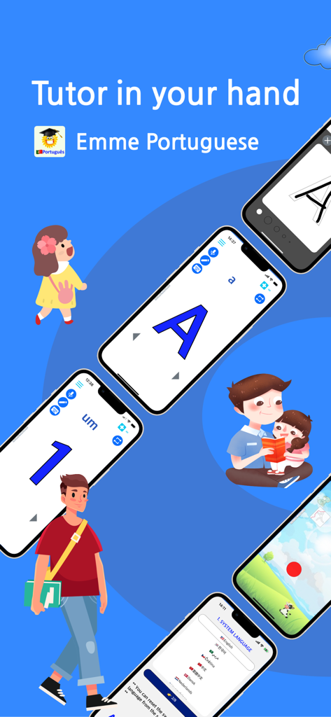 Interface do aplicativo tutor Emme Português exibindo lições de alfabeto e números com personagens de desenho animado amigáveis