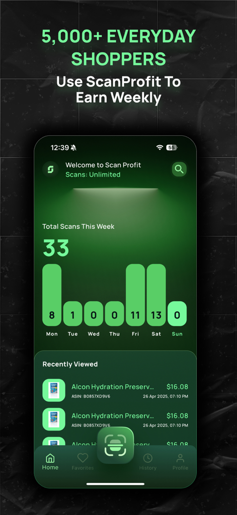 Scan Profit - AI Sourcing Tool - Écran d'accueil de l'application Scan Profit montrant un graphique d'activité de scan hebdomadaire et les produits récemment consultés pour l'approvisionnement Amazon FBA