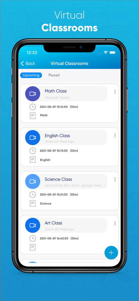 Classera app interface showing a list of upcoming virtual classroom sessions for school subjects