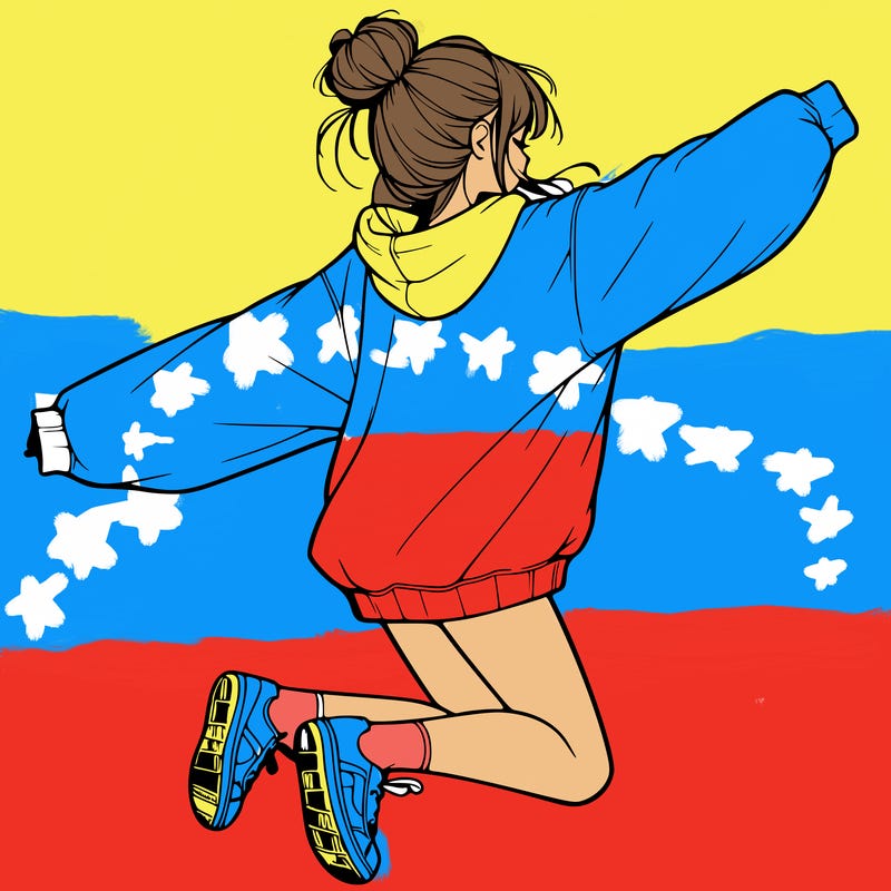 realistic girl jumping with a bun and oversized sweatshirt